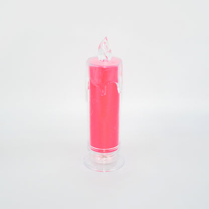 Detailed view of red LED flameless candle, highlighting its flickering light effect.