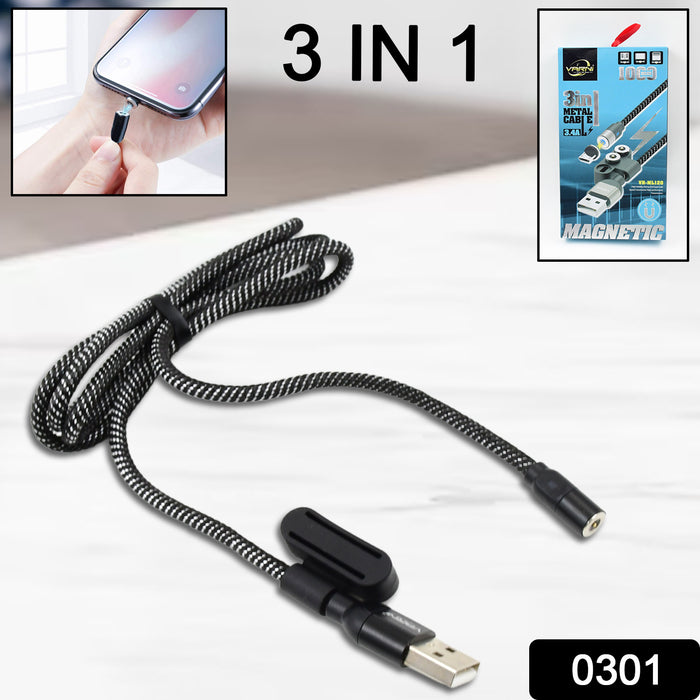 3 in 1 Magnetic USB Charging Cable | USB-c Android and Lightning with Extra Protecting Nylon| Strong Magnetic Cable with Full Rotation Support Fast Charging