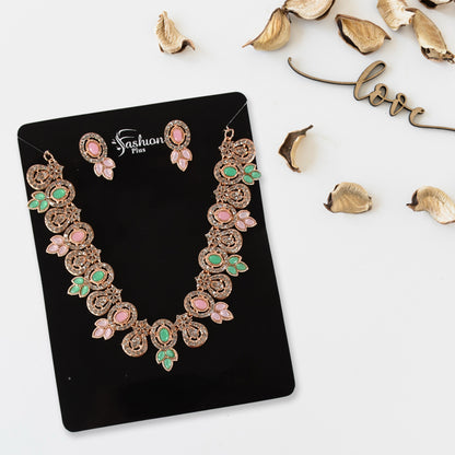 Elegant Pink & Green Diamond Necklace Set