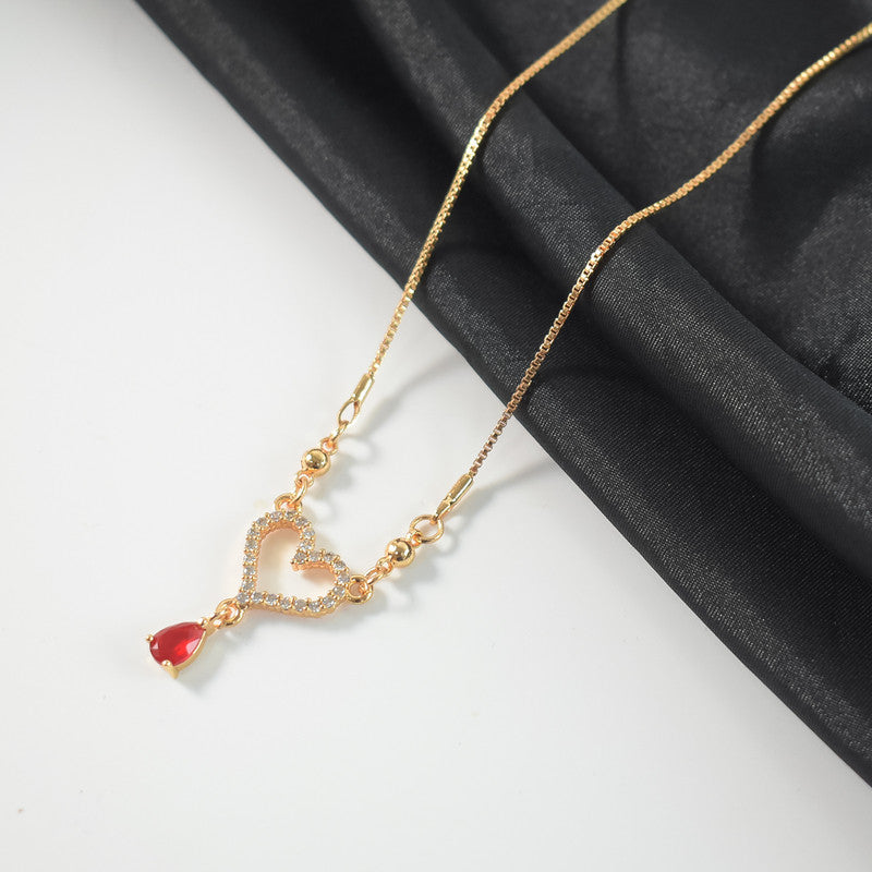 Gold-Plated Heart Pendant Necklace with Red Crystal Drop for Women