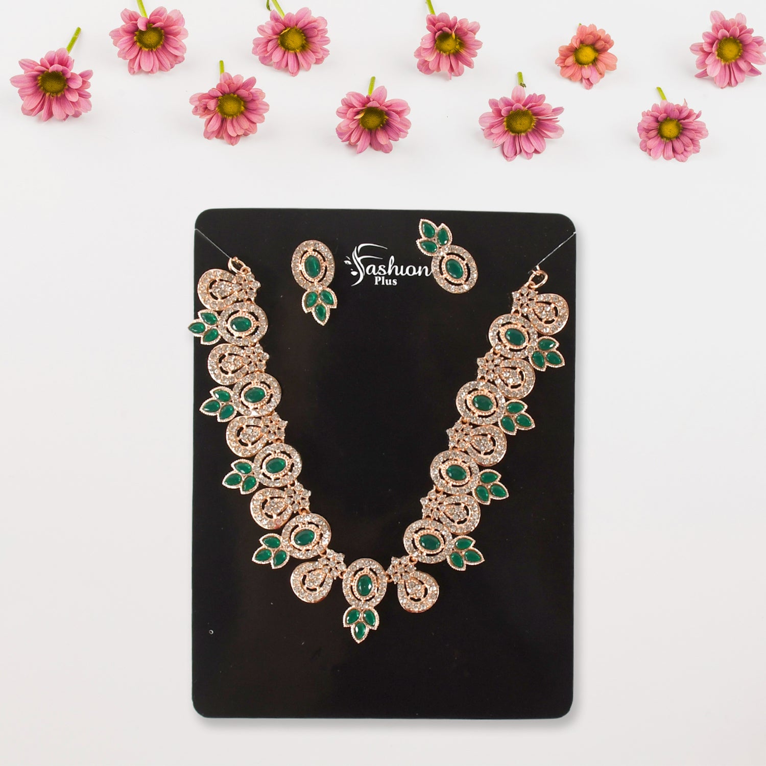 Designer Necklace Set with green crystals