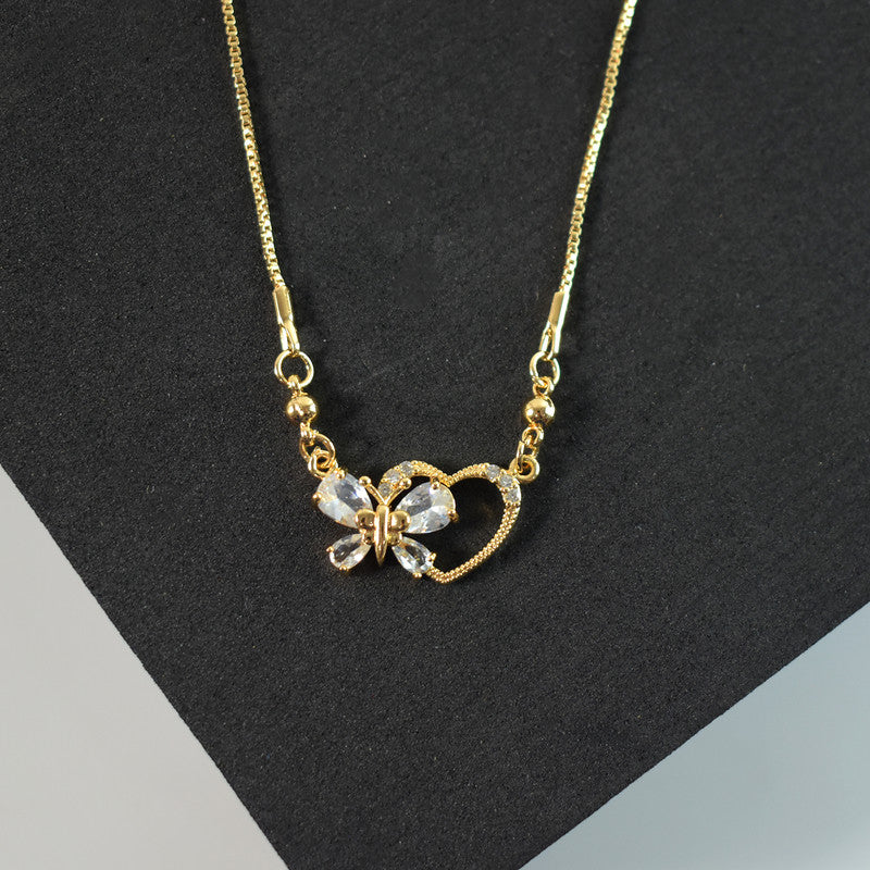 Gold-Plated Crystal Butterfly Heart Pendant Necklace for Women
