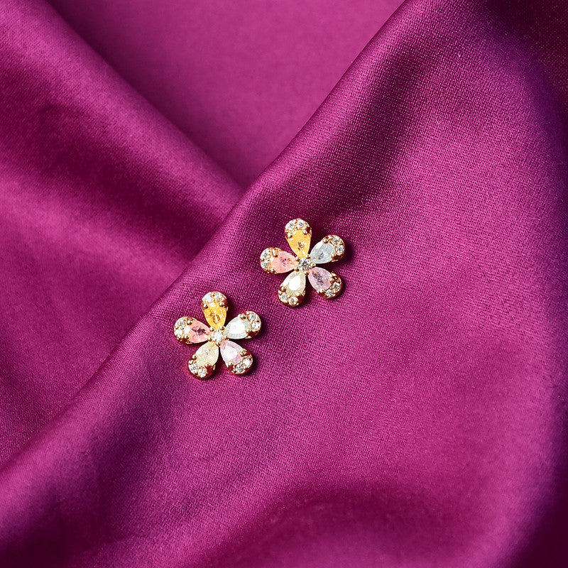 Multicolor Crystal Petal Flower Stud Earrings with Gold Finish for Women