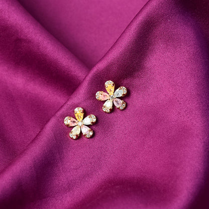 Multicolor Crystal Petal Flower Stud Earrings with Gold Finish for Women