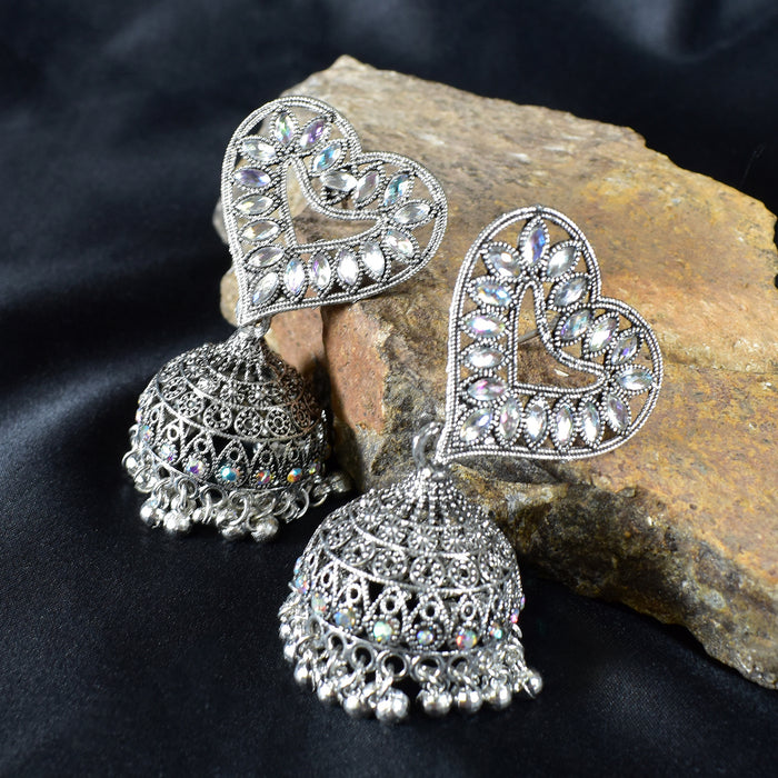 Heart-Shaped White-Coloured Jhumka Earrings with Diamond Detailing