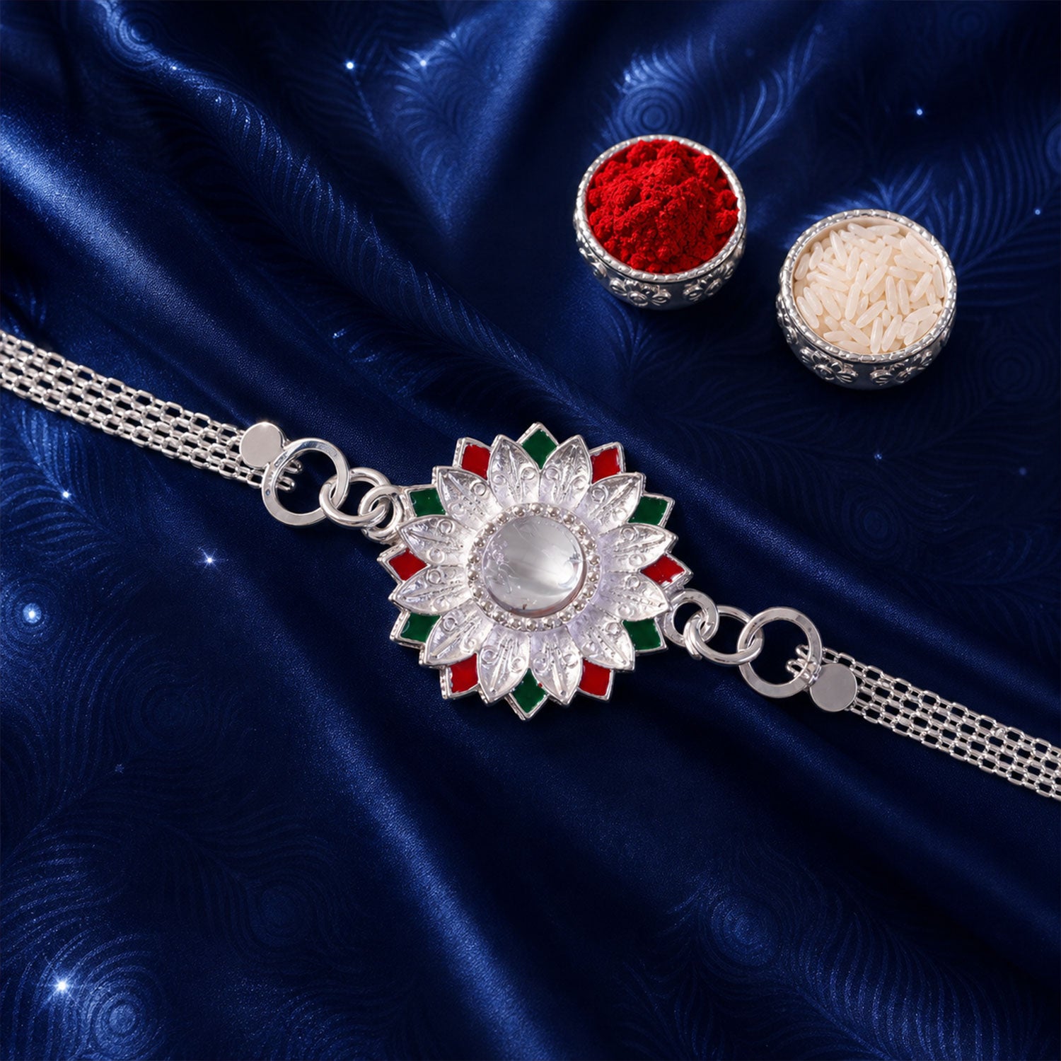Silver Lotus Mandala Floral Enamel Crystal Stone Chain Rakhi