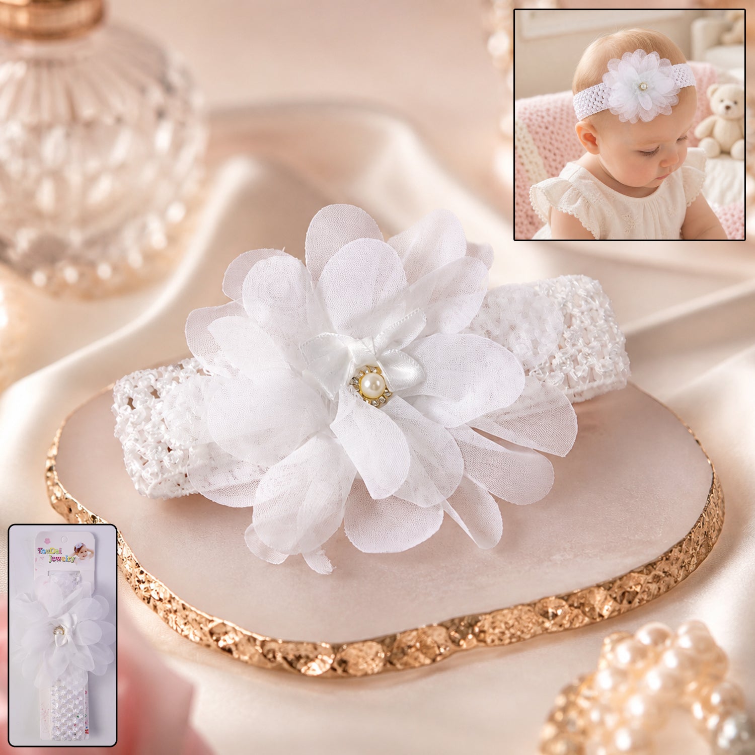 Baby wearing soft elastic floral headband