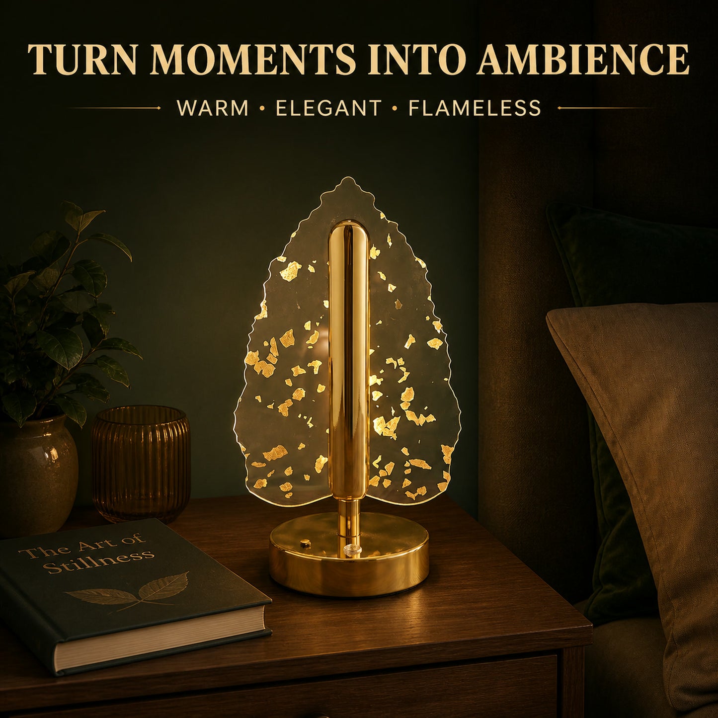 Golden Crystal Leaf LED Table Lamp – USB Charging & Warm Light