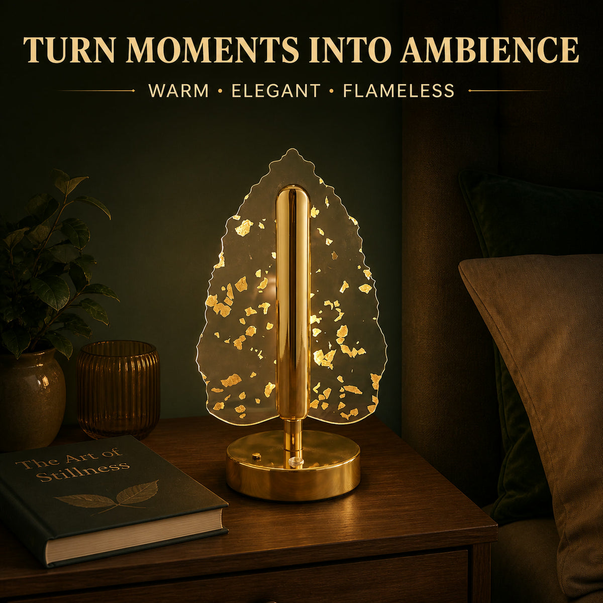 Golden Crystal Leaf LED Table Lamp – USB Charging & Warm Light