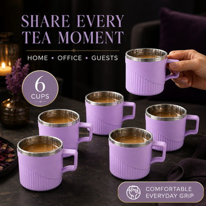 Tea Coffee Cup Set of 6 – Durable Metal Inner, Heat-Safe Sleeve
