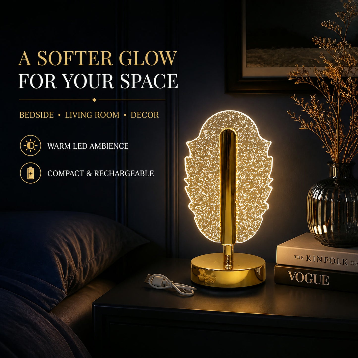 Feather Shape Crystal Table Lamp – Elegant USB Charging LED Light