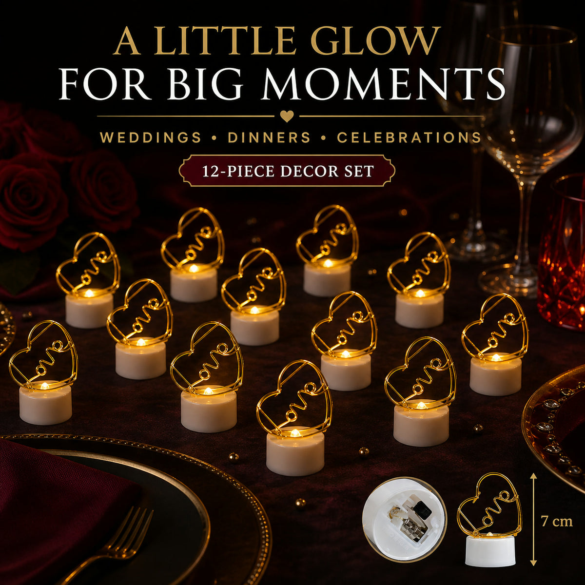 Set of 12 Multicolor Flameless Heart LED Candles for Decor