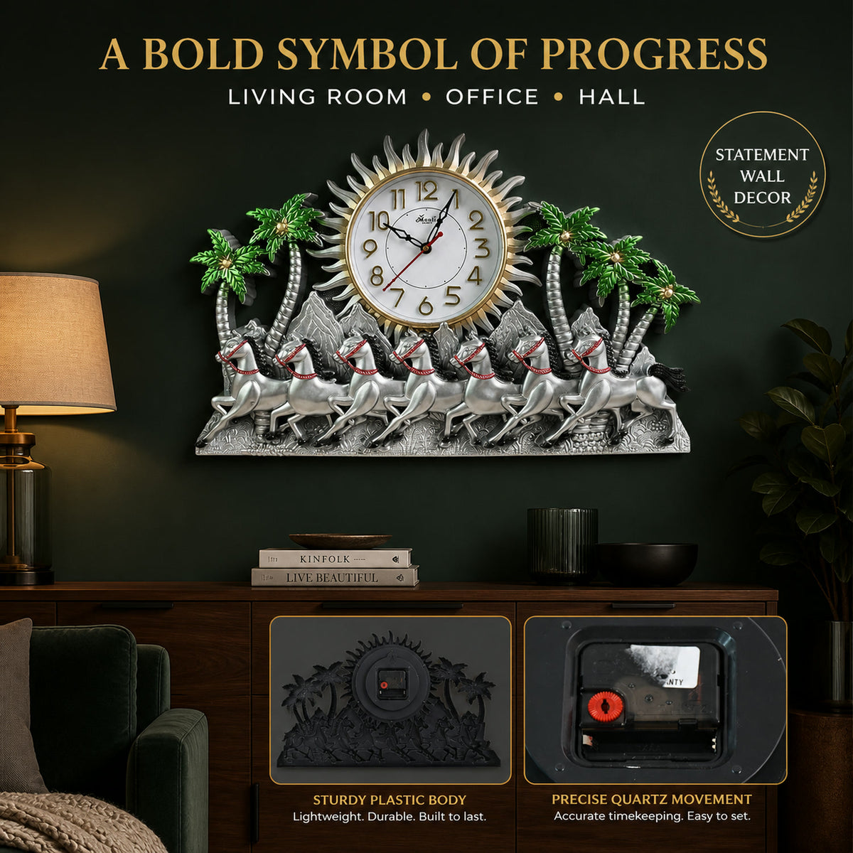 Plastic Wall Clock – Silent Sweep with Running Horse Design