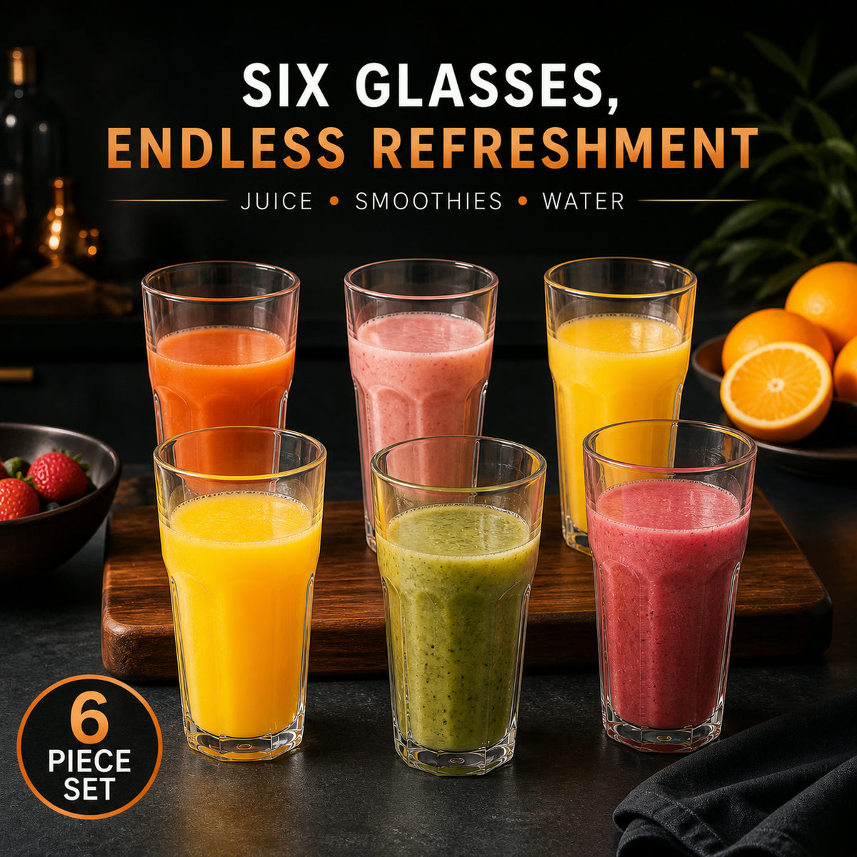 Transparent Smoothie Glass Set – 6 Durable 300ml Tumblers