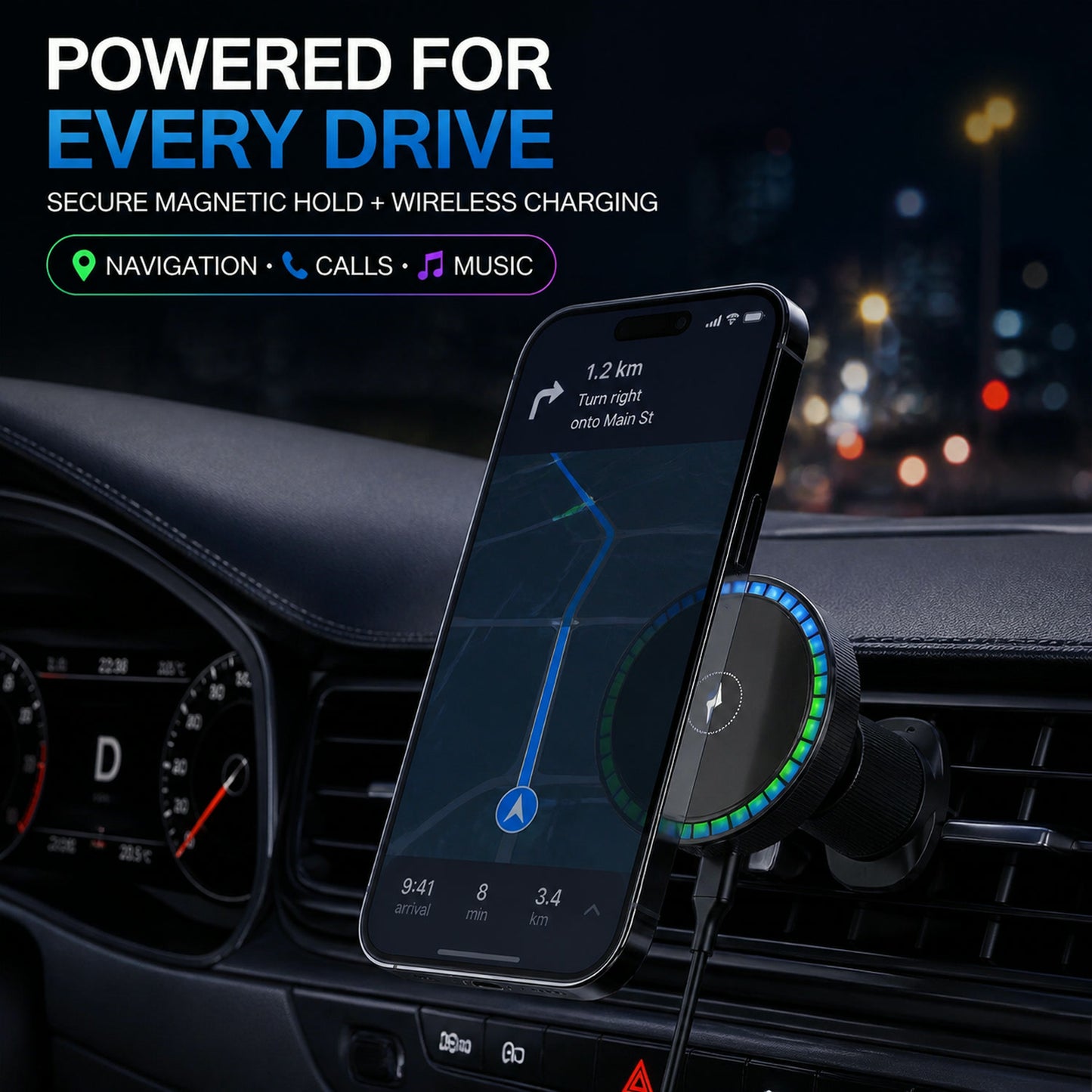 Magnetic Car Charger – Wireless Phone Mount with RGB Lights | Phonixio