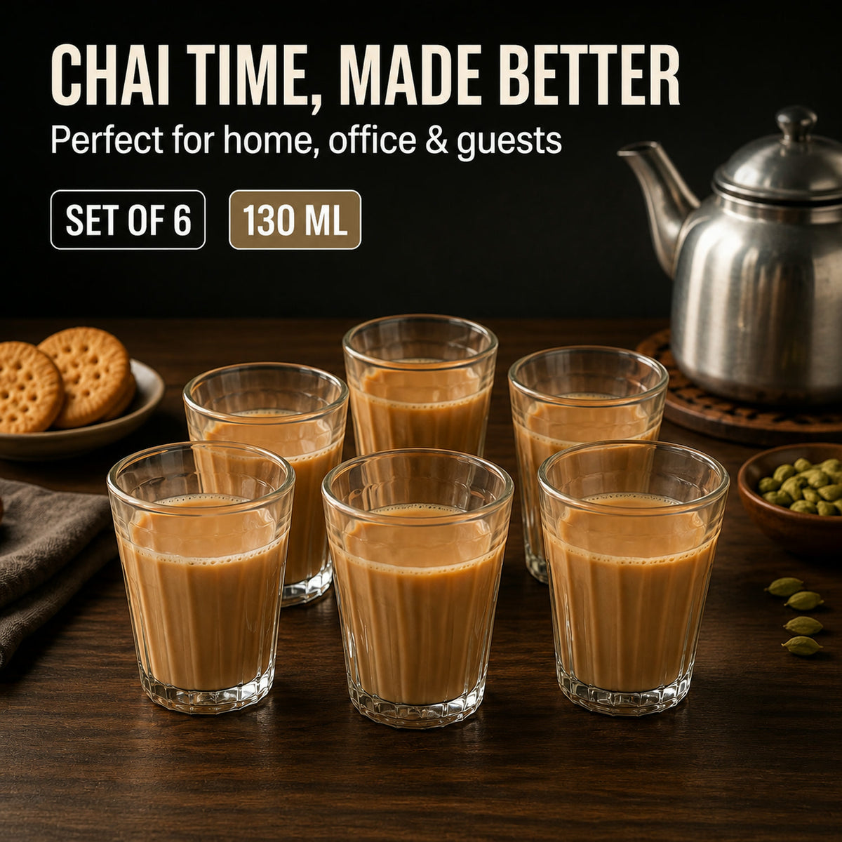 Chai Pyali Glass Set – 6 Pcs Transparent Unbreakable 130ml