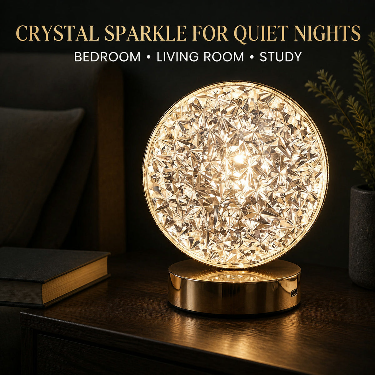 Round Crystal LED Table Lamp – Dimmable Touch & USB Rechargeable