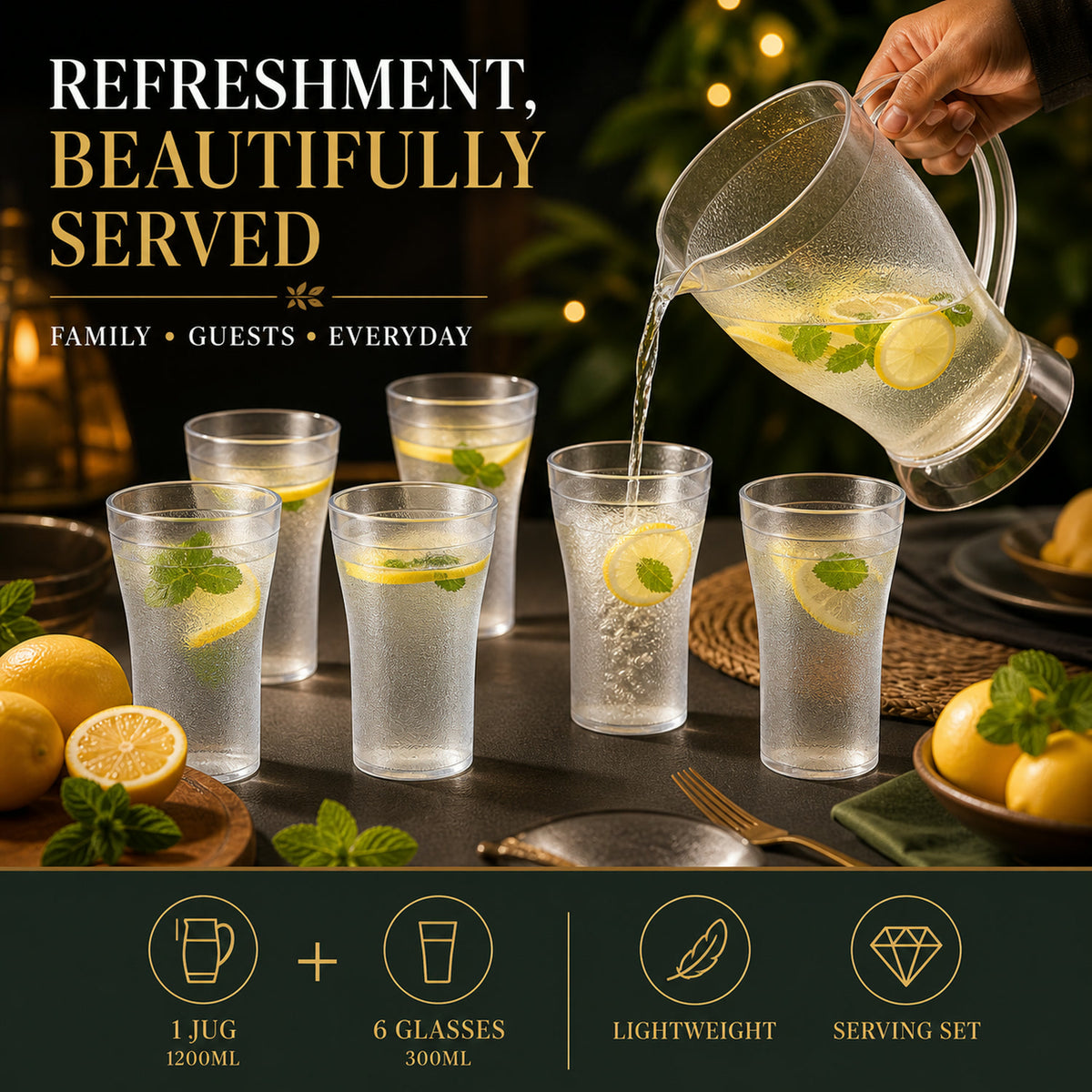 Lemon Jug Set – 1200ML Unbreakable Jug with 6 Glasses