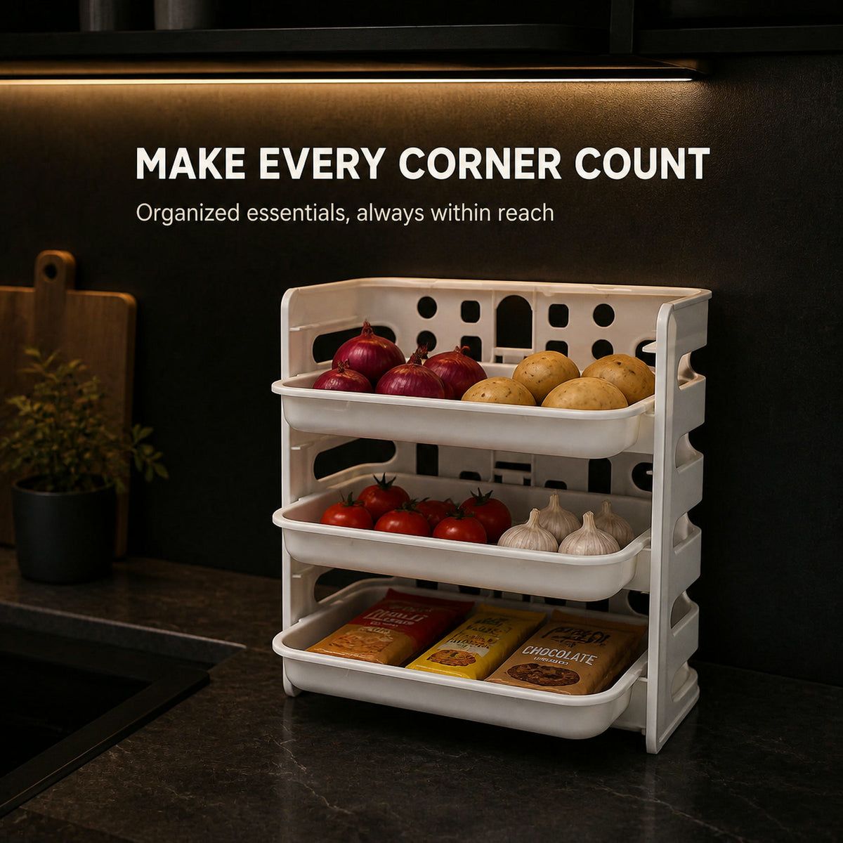 White three-layer plastic rack filled with onions, potatoes, tomatoes, garlic, and packaged goods in a kitchen setting.
