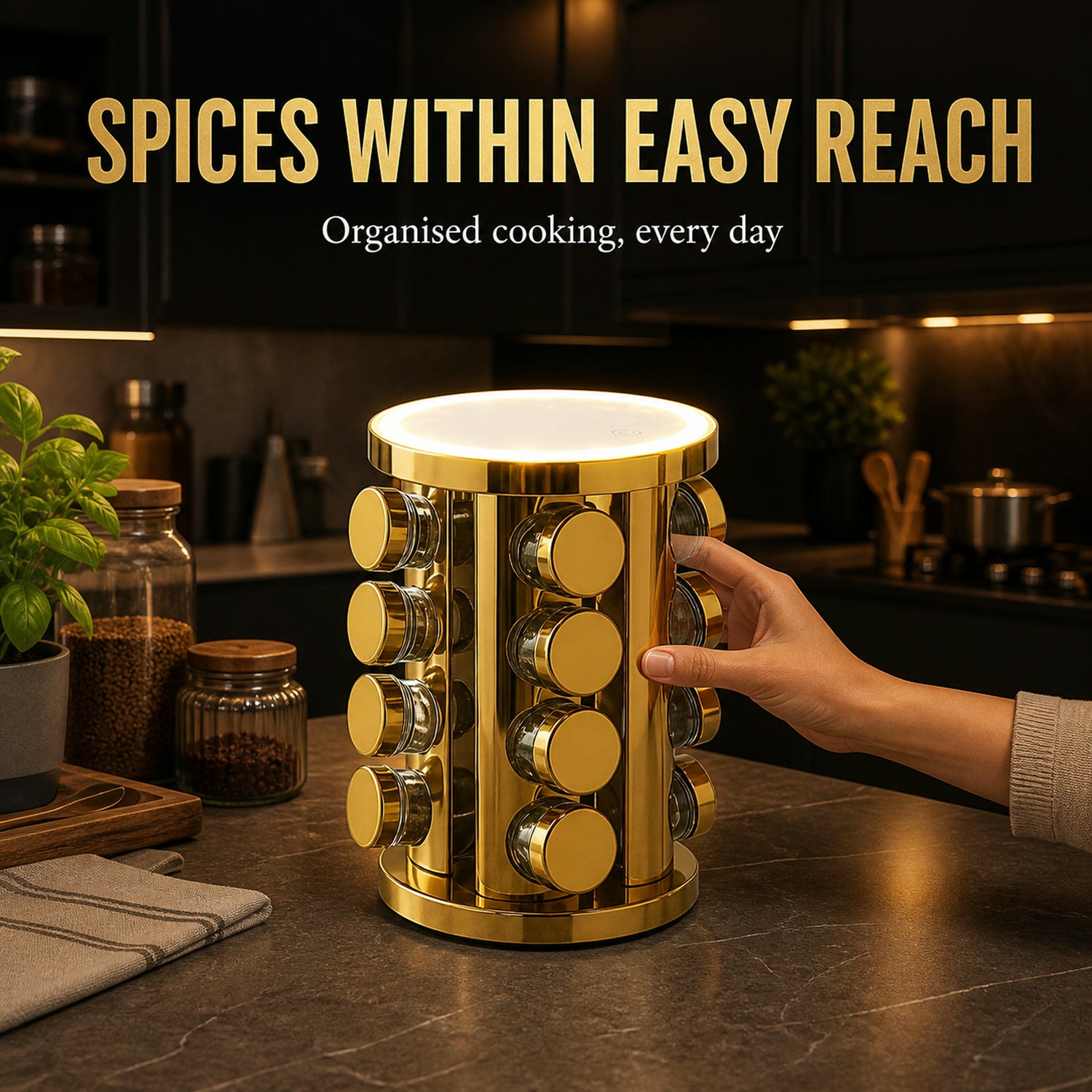 Rotating Spice Rack – LED Illuminated, 16 Jars, Golden Finish | Tidy Table