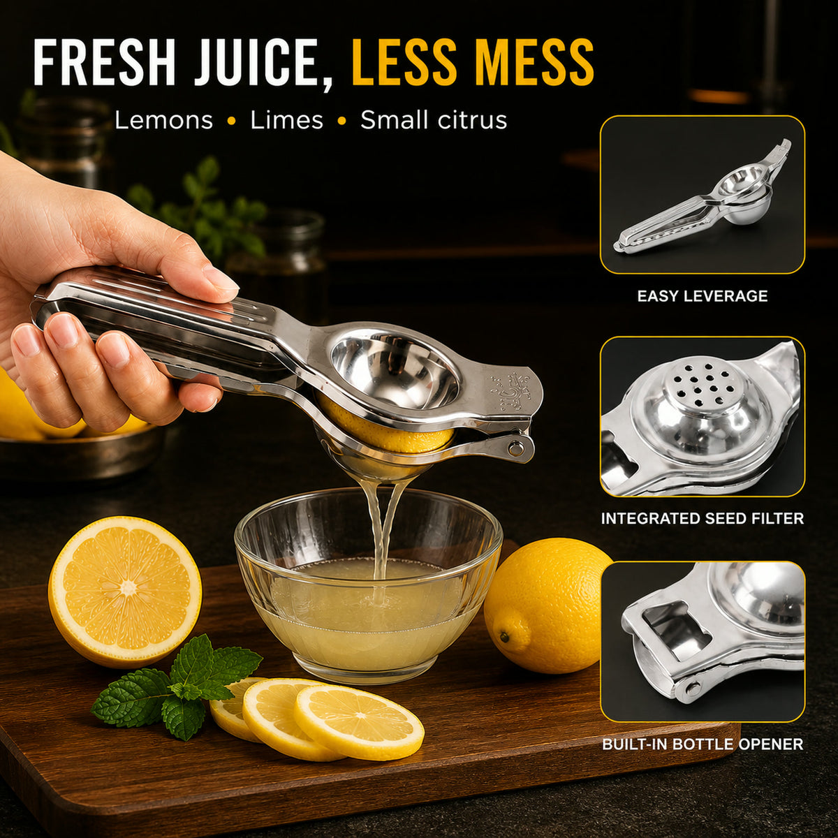 Stainless Steel Lemon Squeezer – 2-in-1 Juicer with Bottle Opener