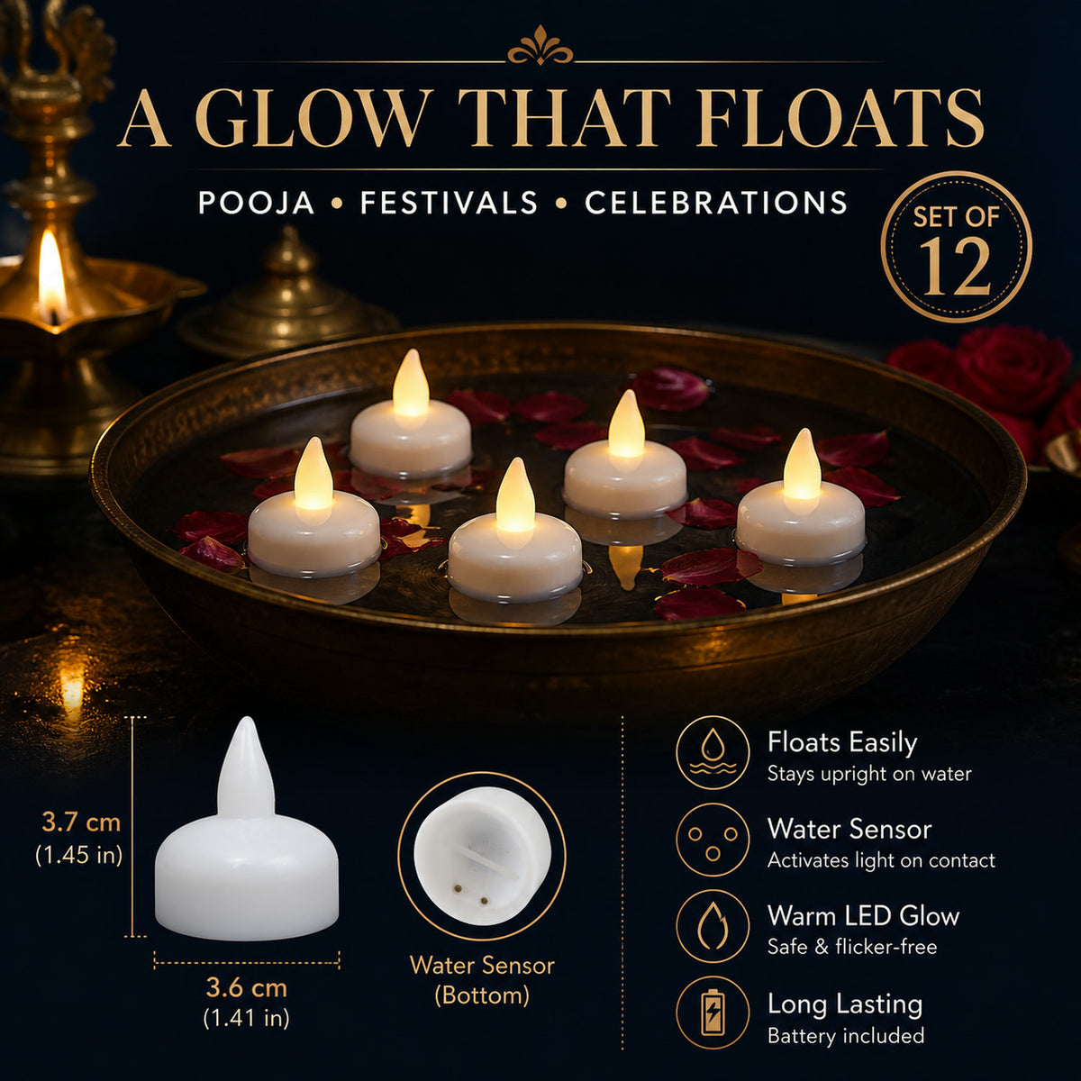LED Floating Candles – Smokeless Lotus Set of 12 for Festive Decor