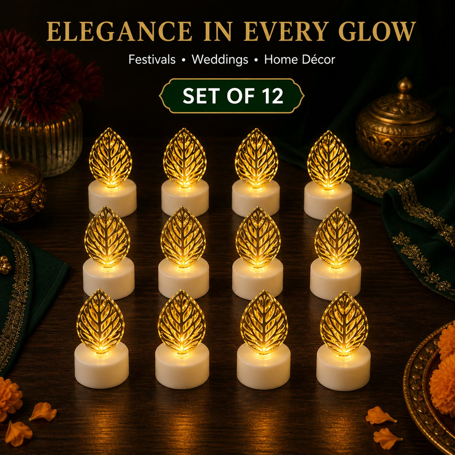 Leaf Shaped Flameless LED Candles – Elegant Decorative Set of 12