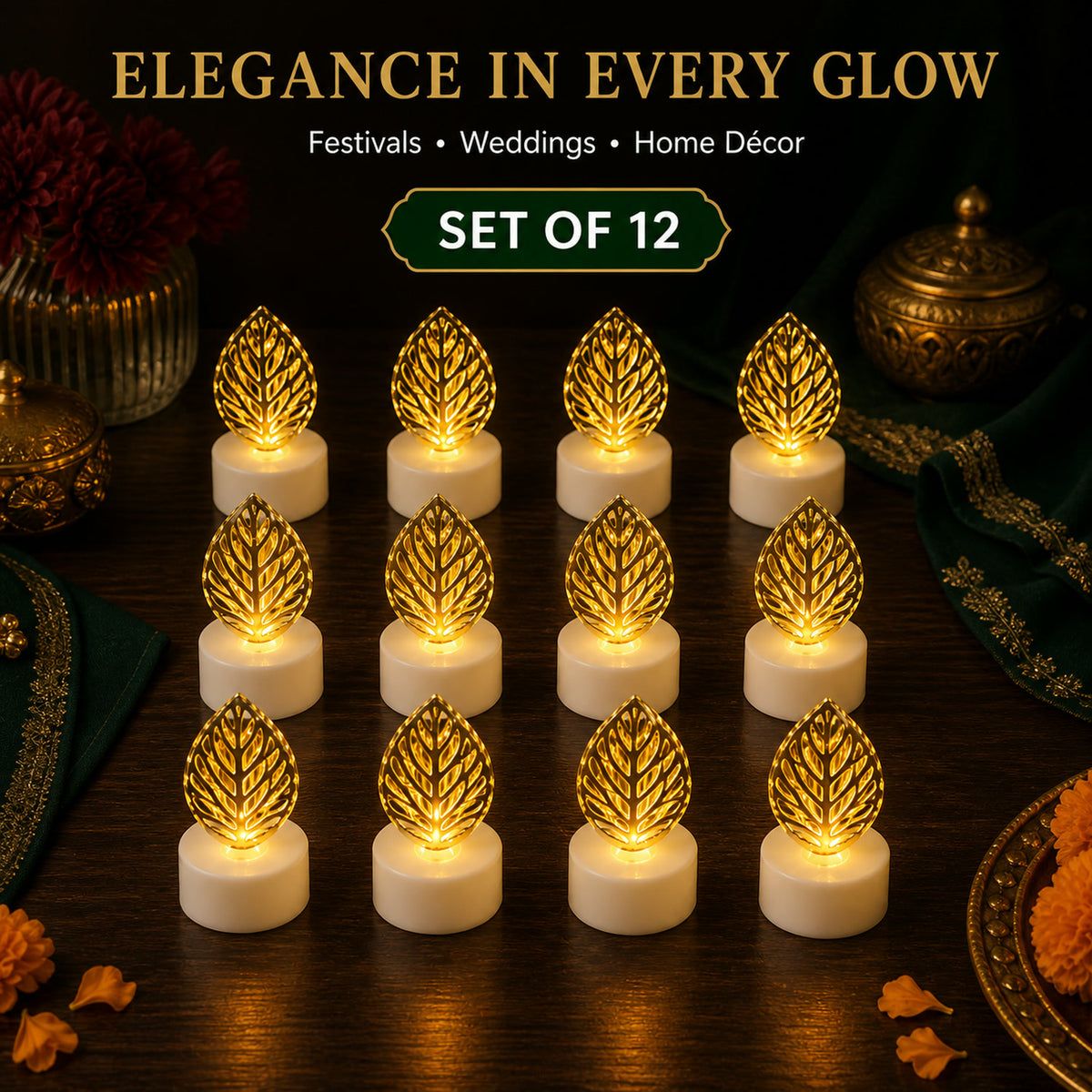 Leaf Shaped Flameless LED Candles – Elegant Decorative Set of 12