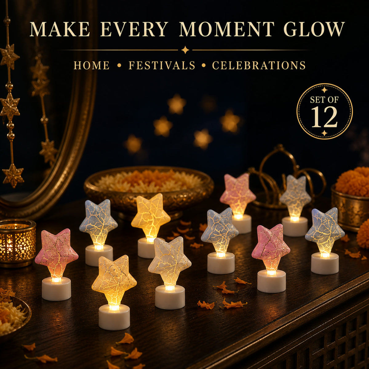 Star Shape LED Tealight Candles – Set of 12 Decorative Lights
