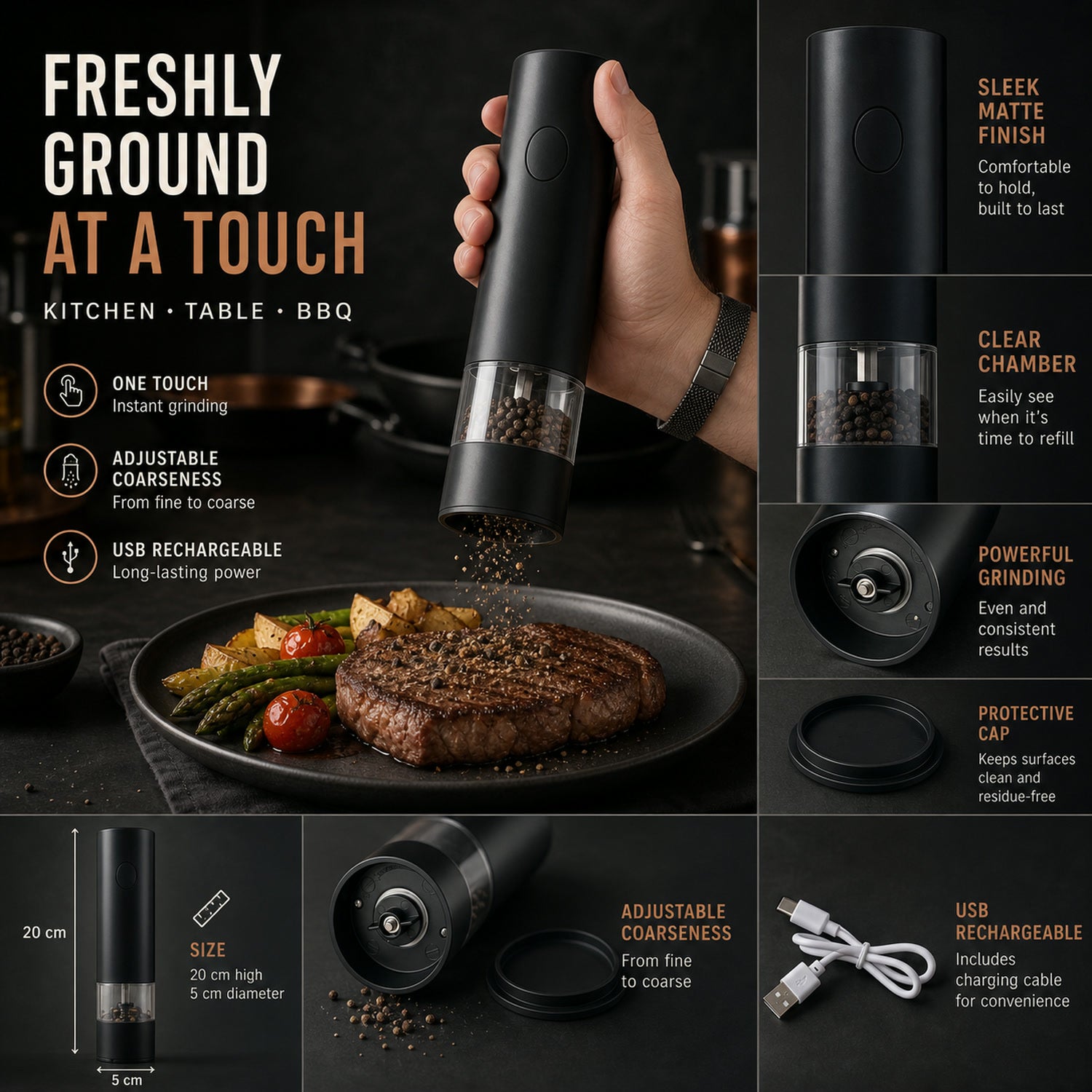 Electric Pepper Grinder – USB Rechargeable & One Touch Operation