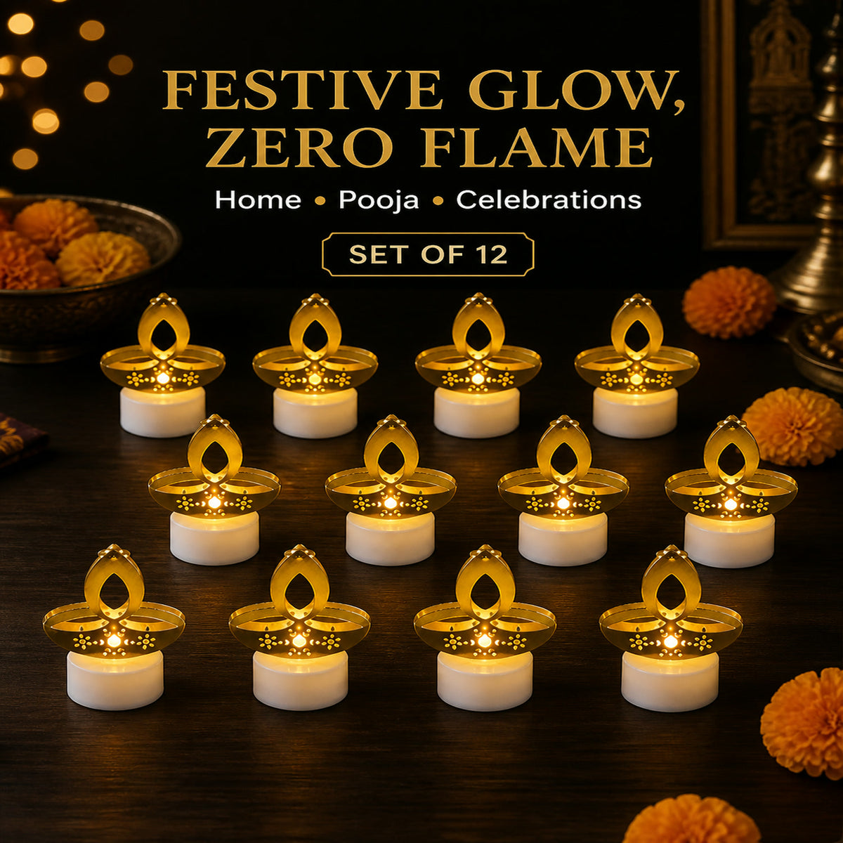 Golden Diya LED Tealight Candles – Safe Flameless Decor Set of 12