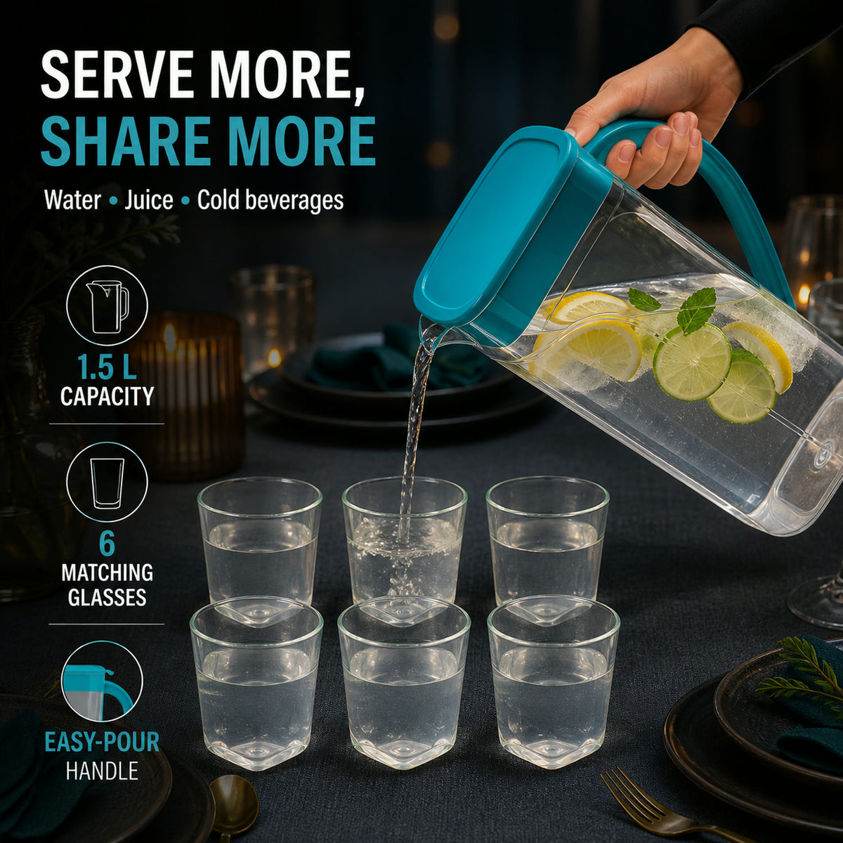 Plastic Jug with 6 Glass Set – 1.5L Unbreakable & Elegant