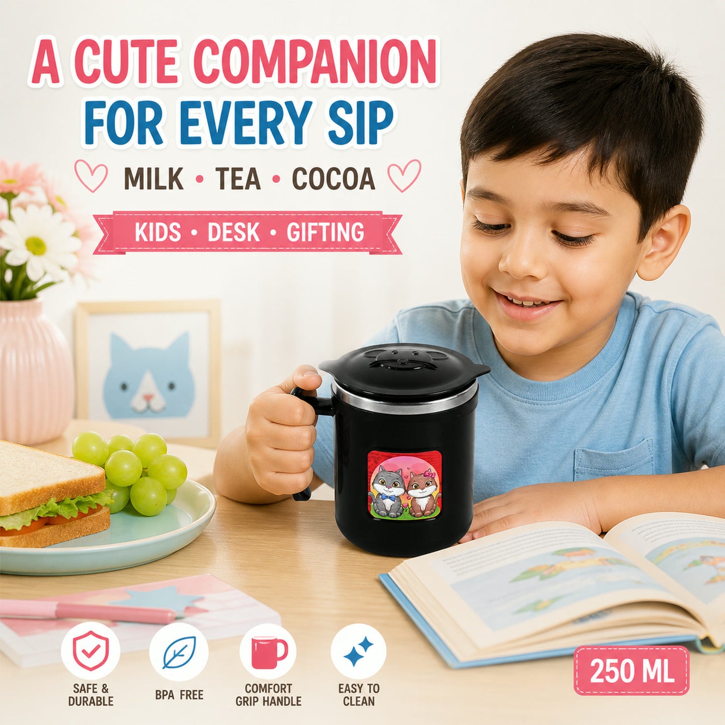 Cat Mug – 250 ml Insulated Stainless Steel for Kids & Gifting