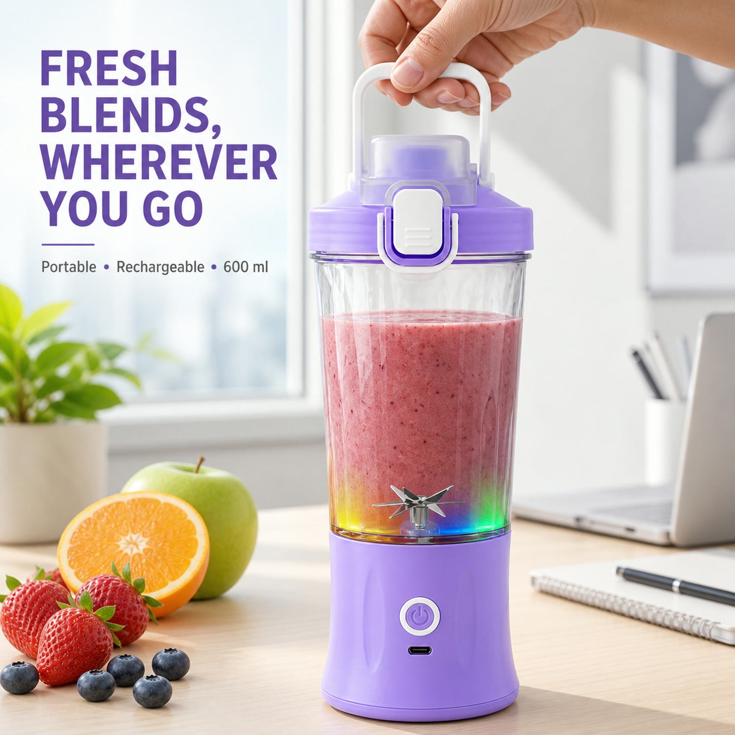 Portable Juicer – USB Rechargeable, 8 Blades & 600ml | Indo Glow