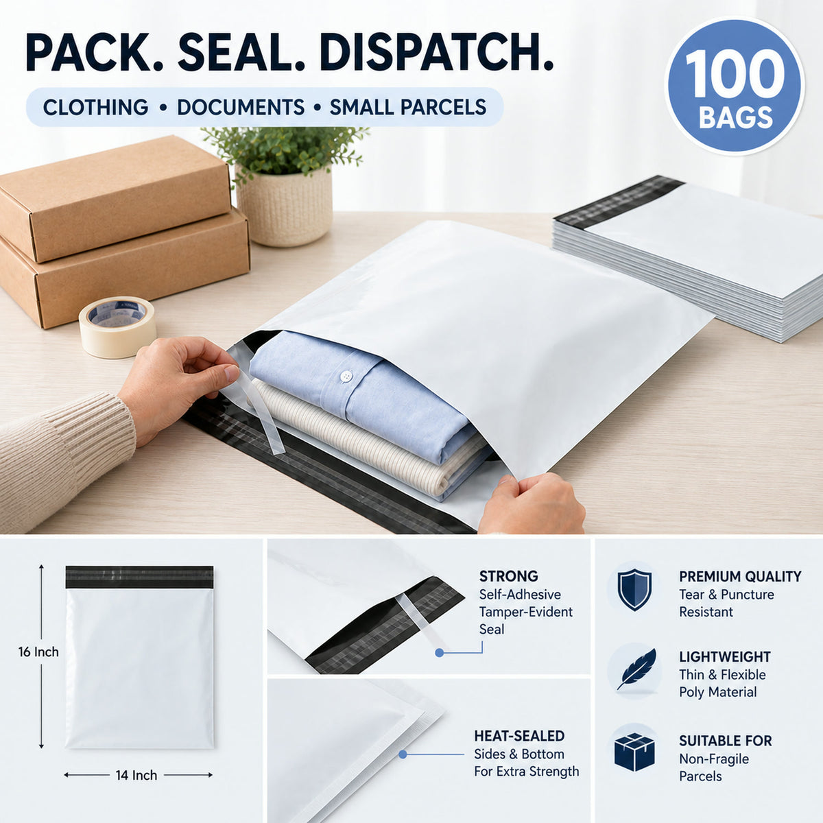 Tamper Proof Courier Bags – 14x16 Inch Pack of 100 | FERVENT