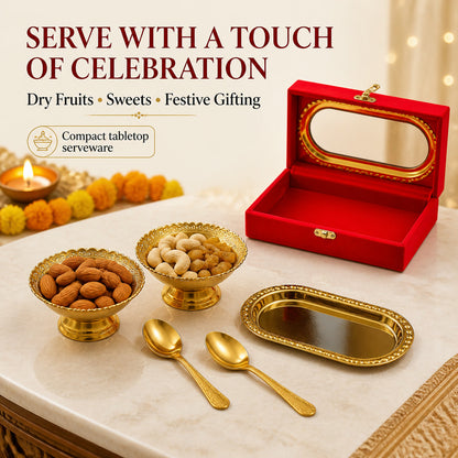 Gold Silver Plated Tray Set – Brass with Bowls & Spoons | Lunchie Bunchie