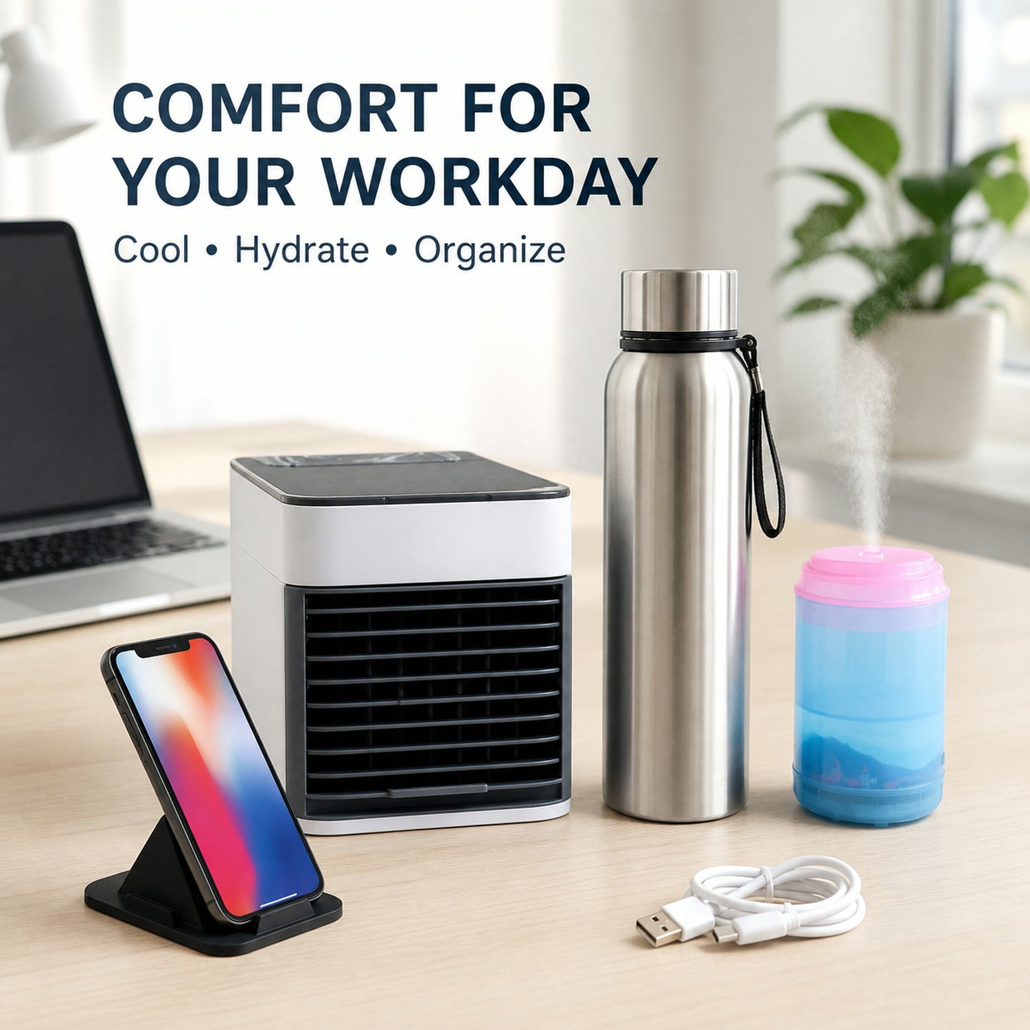 Office Essentials Combo Set – Mini Air Cooler & Water Bottles