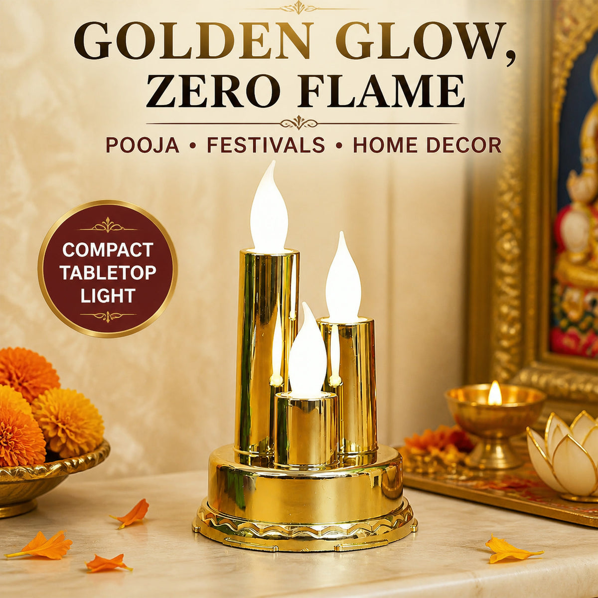 LED Flameless Candle Lamp – Triple Candle Design, Golden Glow