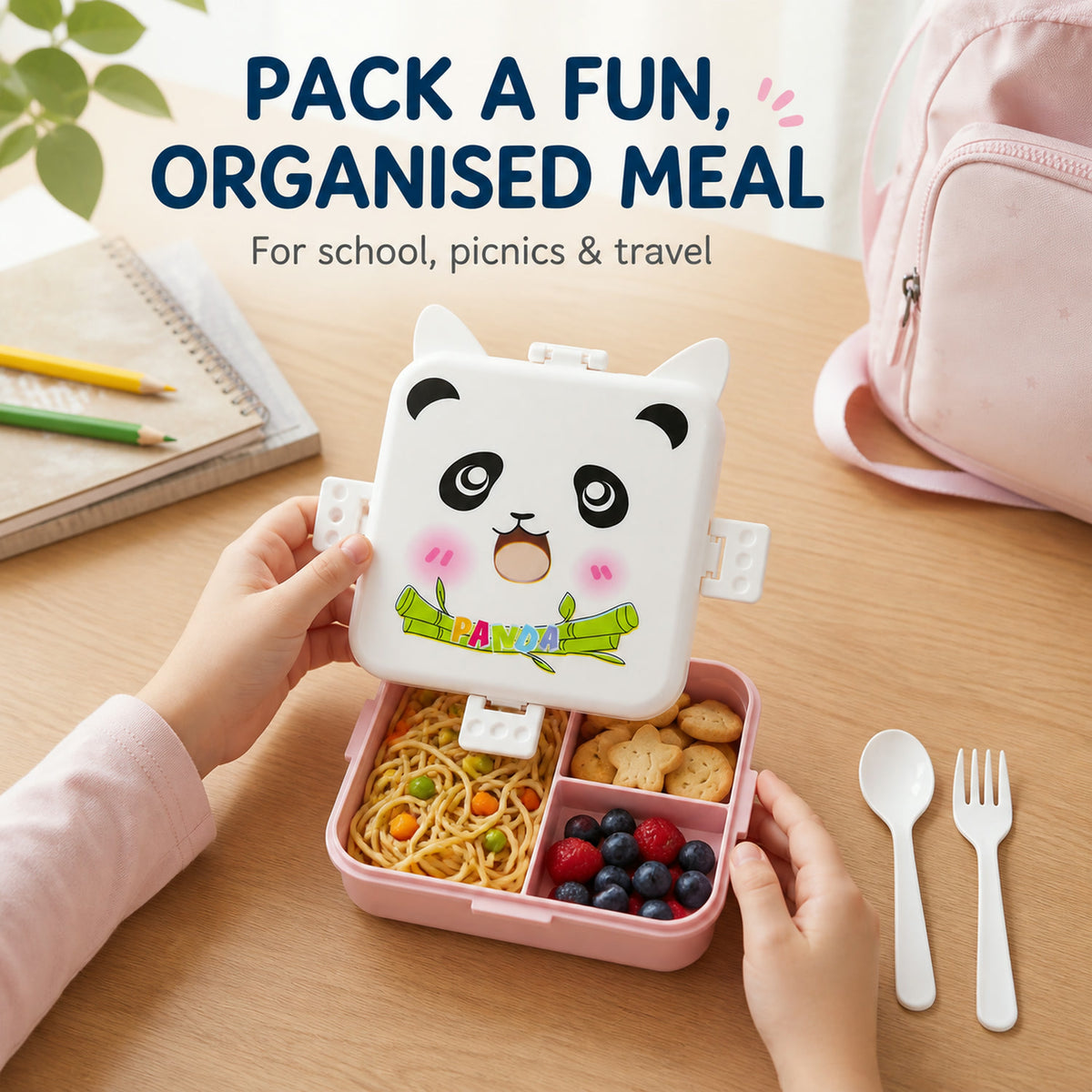 Panda Kids Lunch Box with 3 Compartments & Utensils