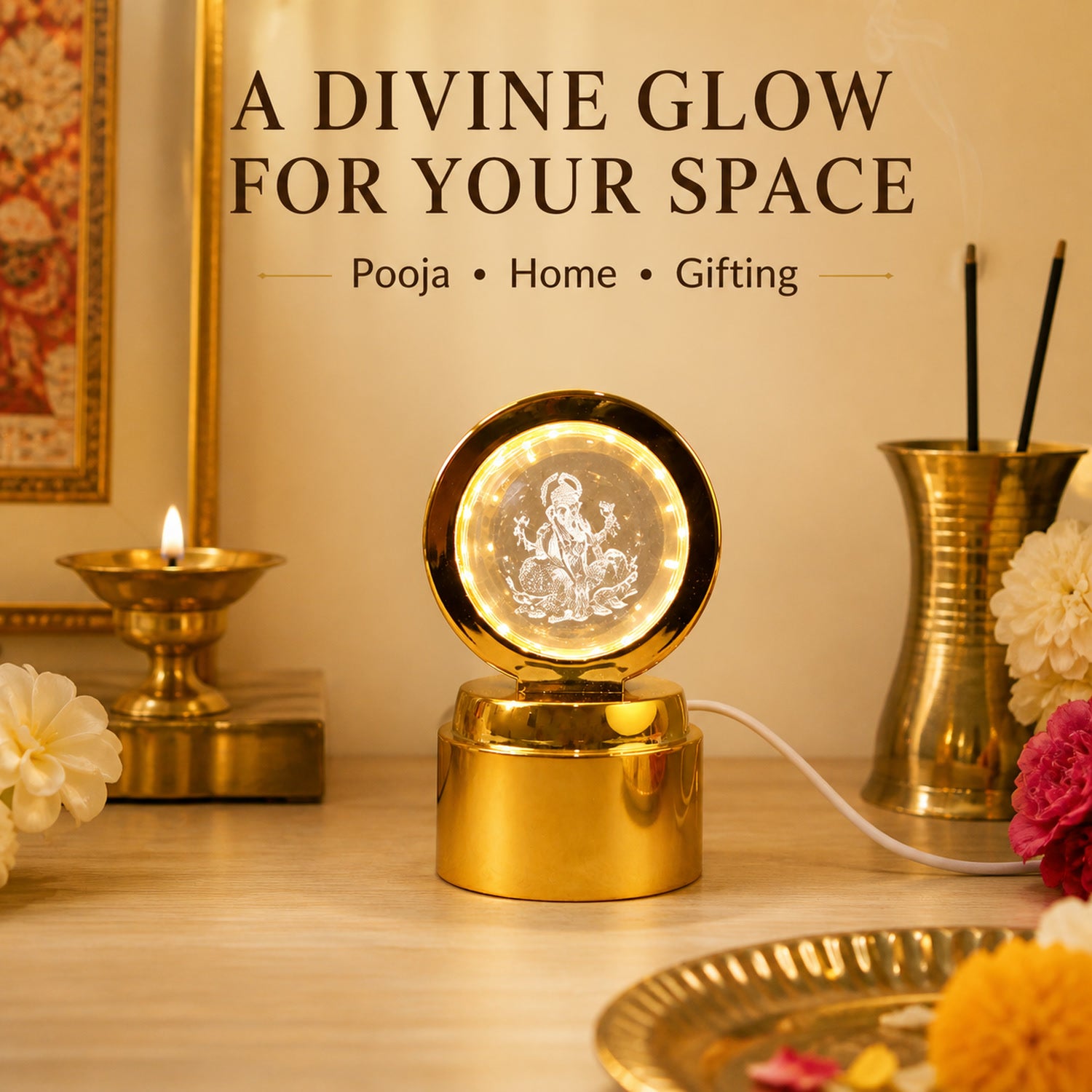 Ganpati Bapa 3D Crystal Ball LED Night Light – Divine Spiritual Glow