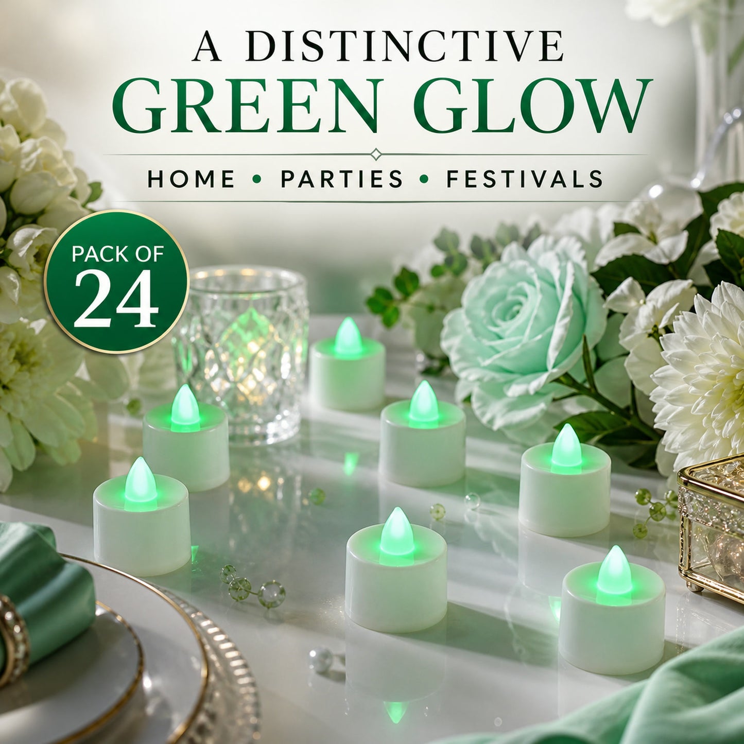 Green Flameless LED Tealights - Safe, Smokeless Decor (24-Pack)