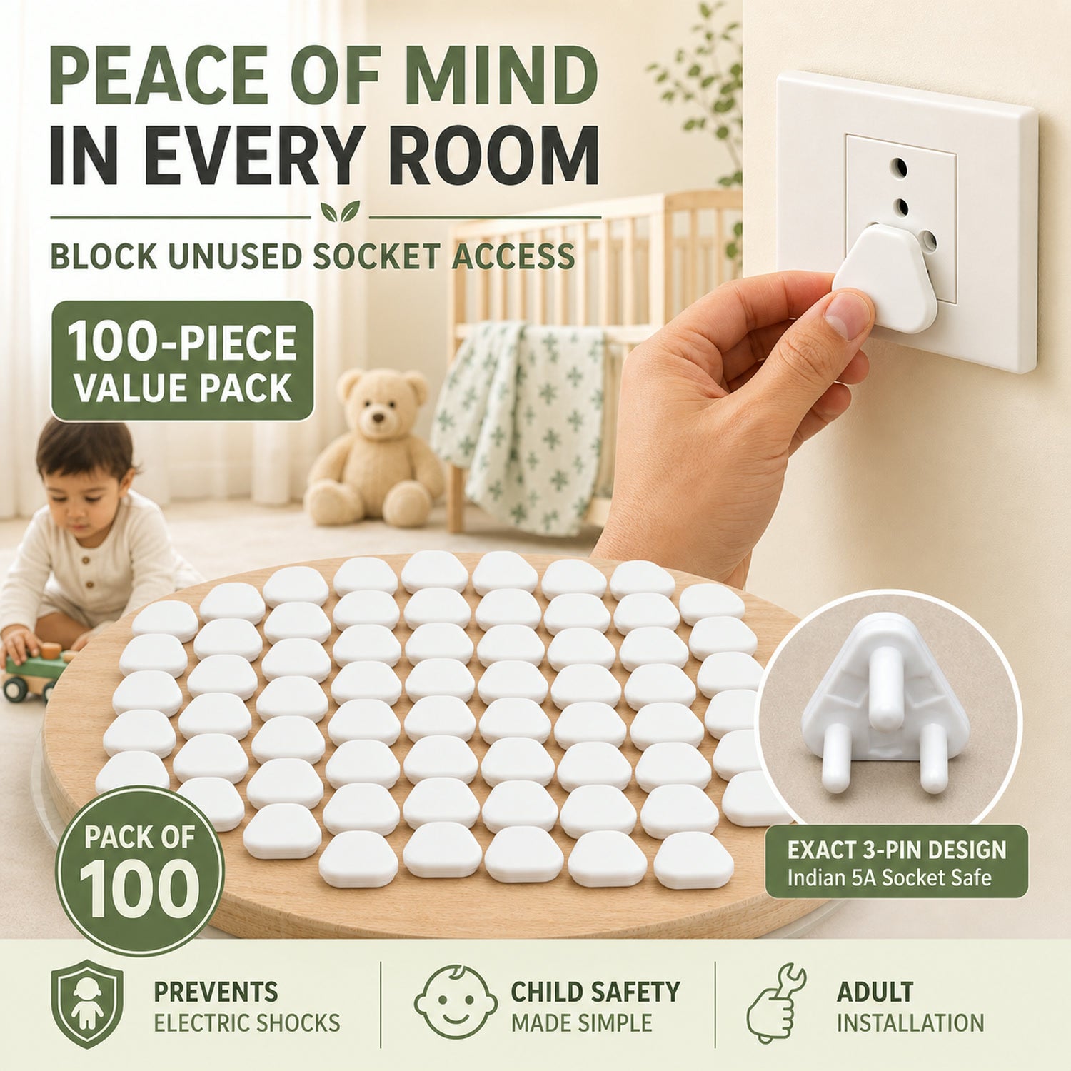 Baby Socket Covers – 100-Pc Child Safety Outlet Plugs | Velvet Wheels