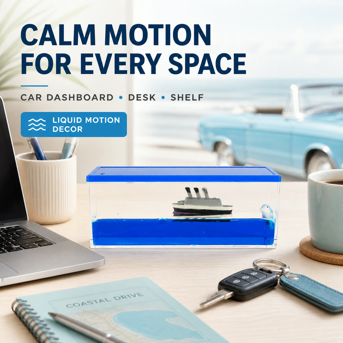 A clear rectangular acrylic box with blue liquid, a white and gray ship, and a small white dolphin inside, placed on a desk