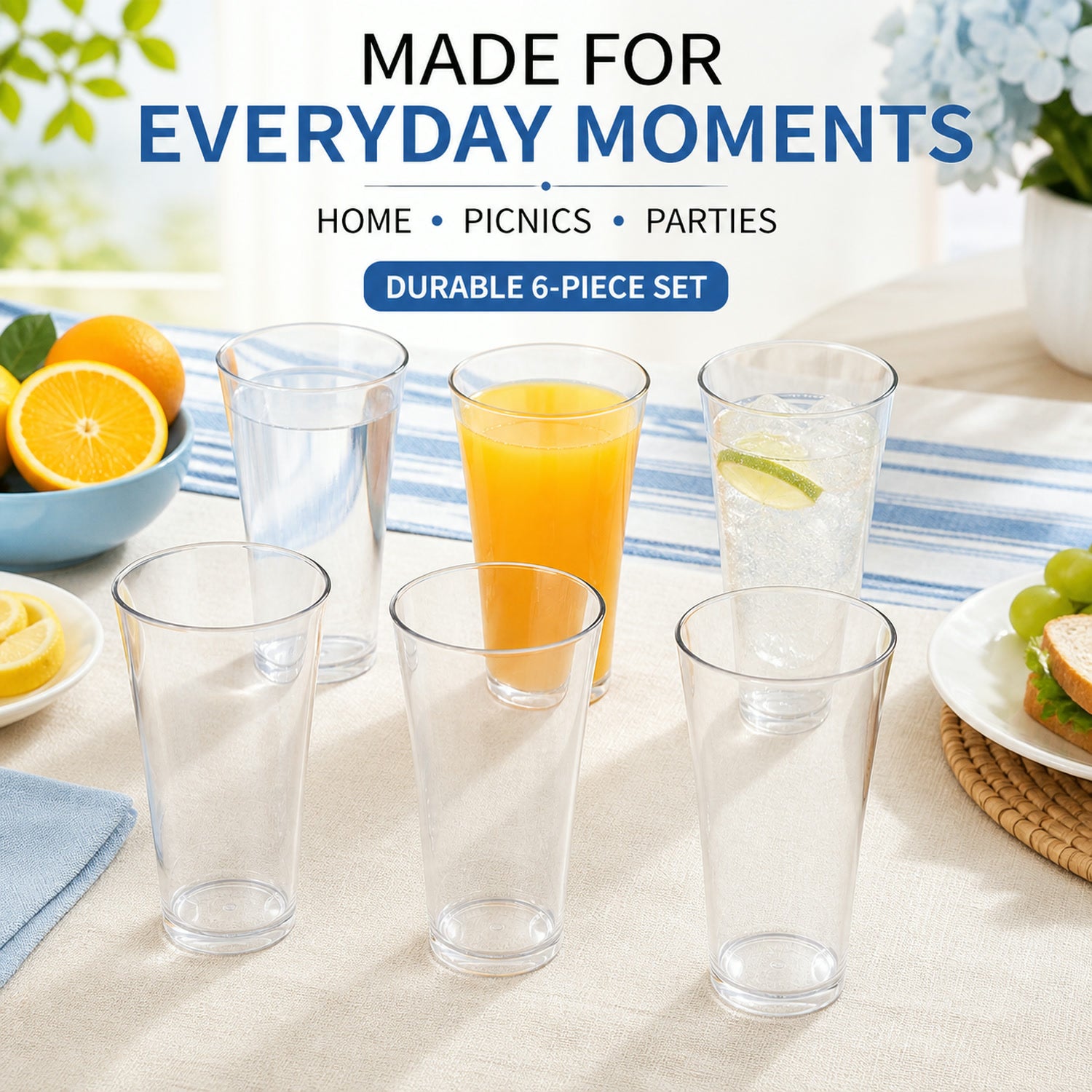 Transparent Plastic Drinking Glasses – Durable Set of 6 | Serve Stellar