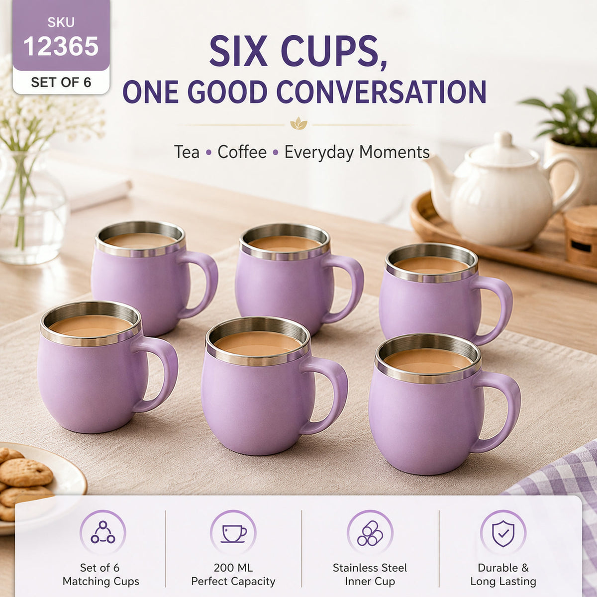 Double Wall Stainless Steel Mug Set – Insulated 6-Pc 200ml