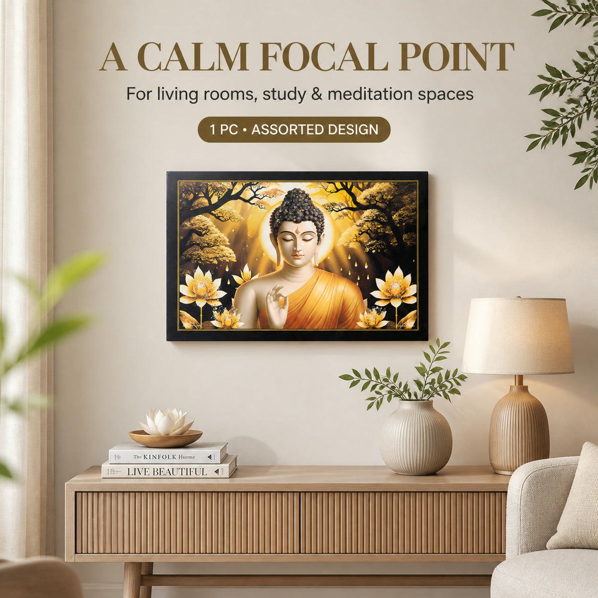 Lord Buddha Wall Painting – Spiritual Decor with Wooden Frame