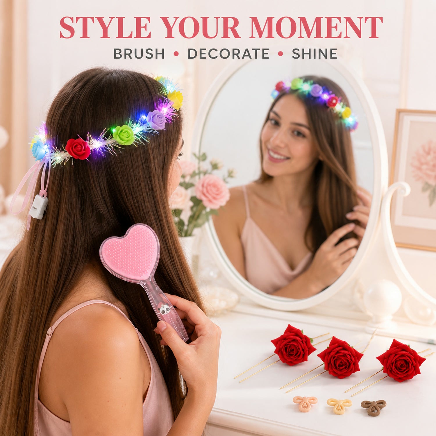 Beauty & Hair Styling Combo Set – Floral Accessories & Detangling Brush