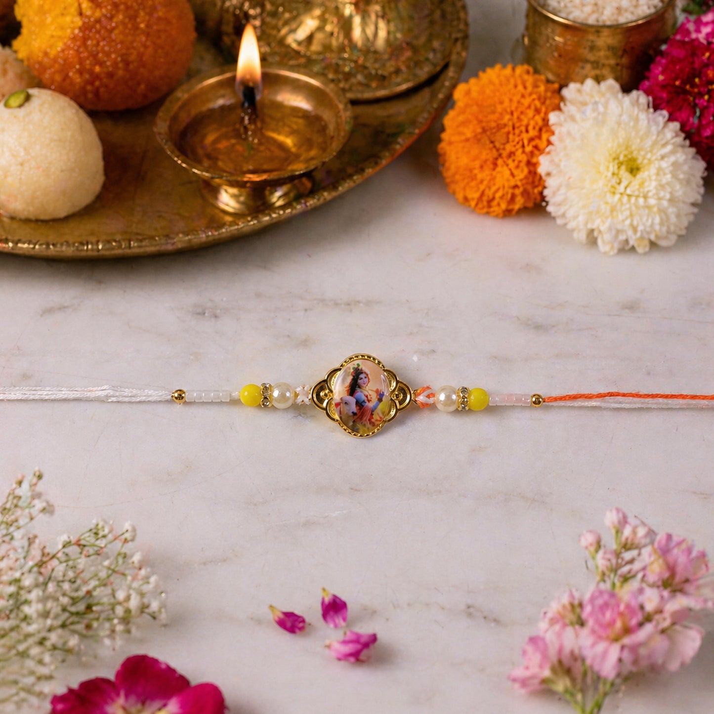 Stylish Rakhi showcasing Lord Krishna photo and decorative beads