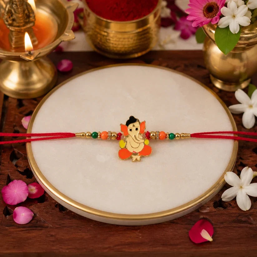 Bal Ganesha Rakhi displayed on a festive background for Raksha Bandhan.