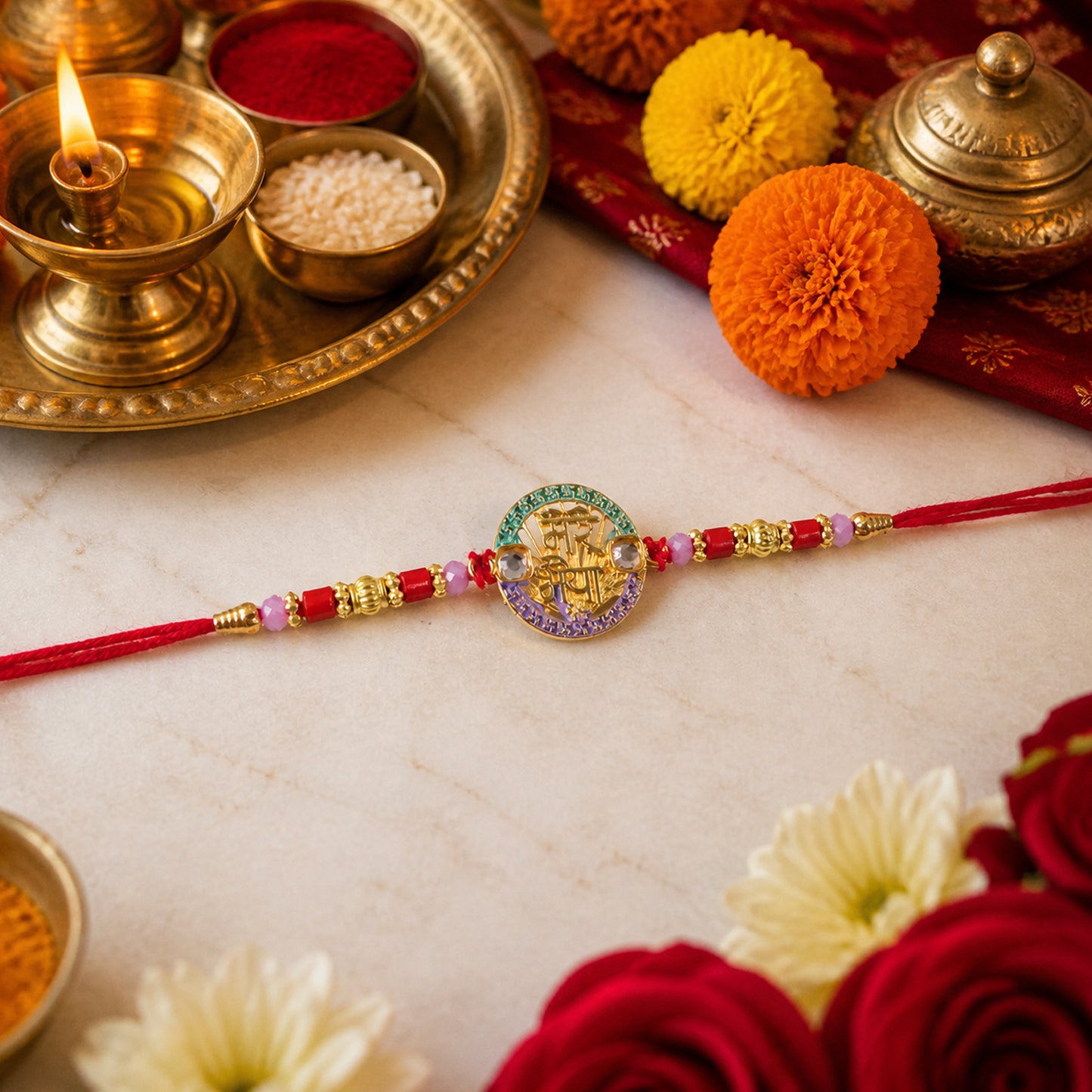 Side view of traditional Rakhi with stone work and red thread